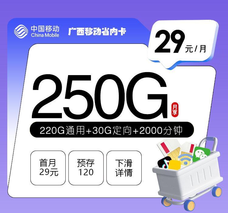 172号卡分销系统-广西移动省内卡【29元250G+2000分钟】-172号卡推荐码77777777